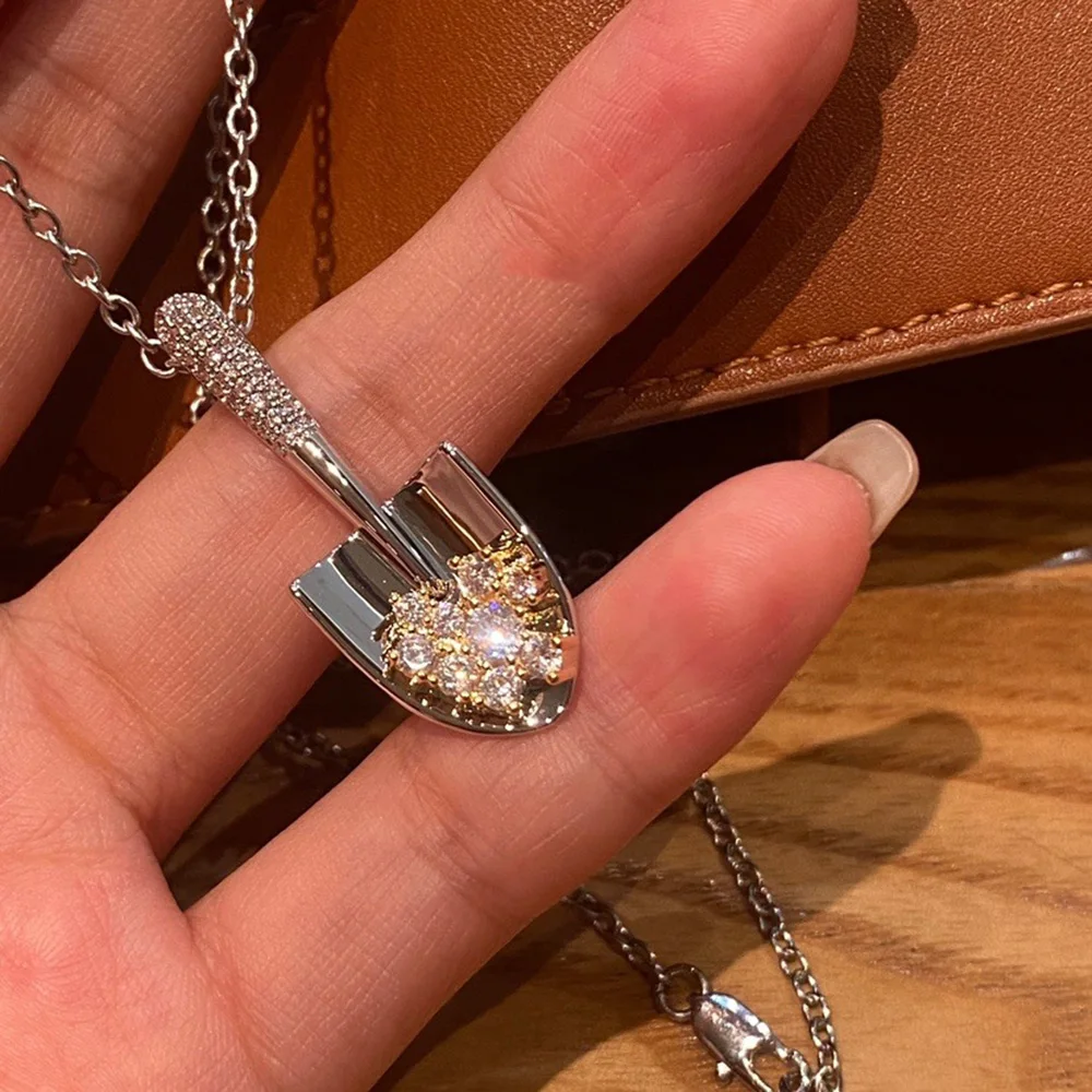 

YOUNGX Light Luxury Shovel Shape Pendant Necklace Fashion Silver Color Shiny Zircon Necklaces For Women Jewelry Gift Hot Selling