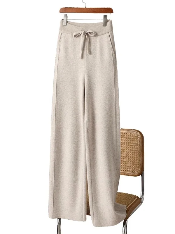 Autumn Winter New Knitted Wool Wide Leg Pants Women's High Waist Casual Straight Cut High End European Sle Faionable Mom ...