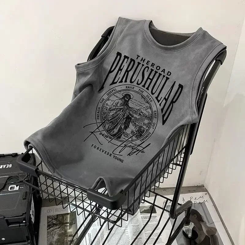 

Suede American retro sleeveless t-shirt men summer loose ruffian handsome ins trend vest student top y2k clothes t shirt men top