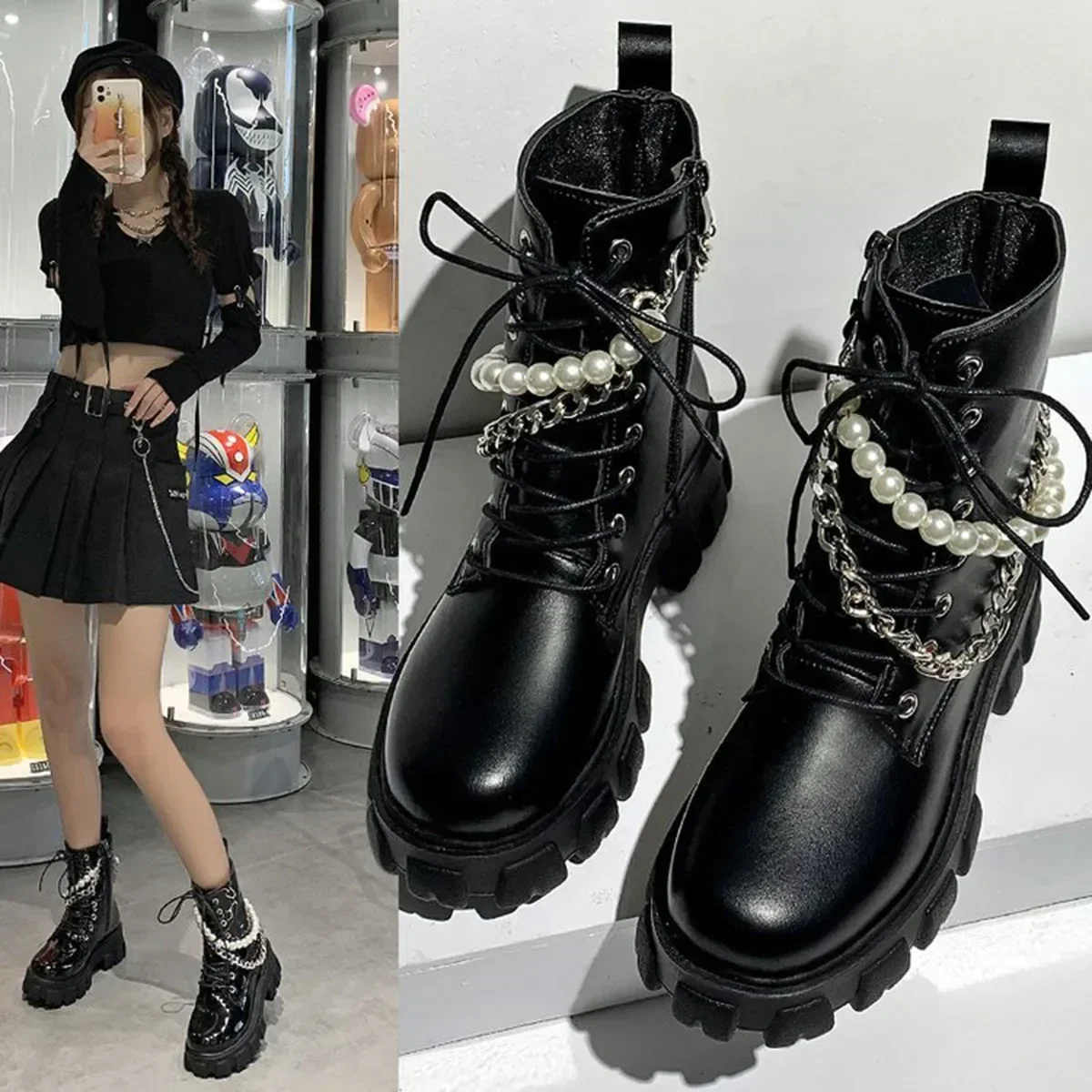 2023 New Fashion PU Leather Pearl Chain Platform Black Booties Punk British Style Casual Shoes Women's Ankle Boots Autumn