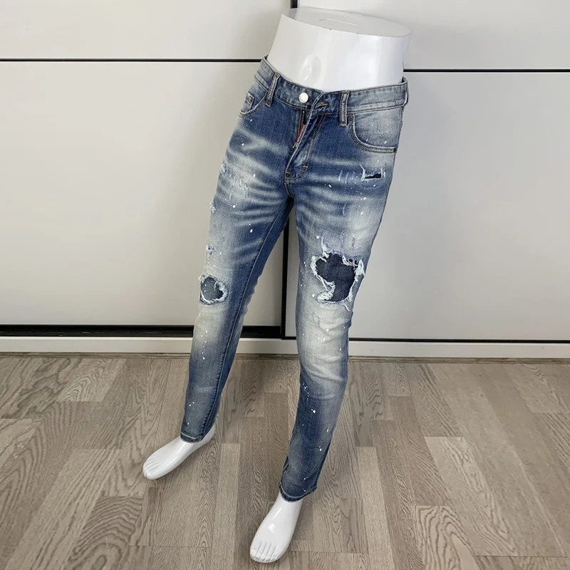 Street Fashion Men Jeans Retro Washed Blue Elastic Stretch Slim Fit Ripped Jeans Men Patched Designer Hip Hop Brand Pants Hombre