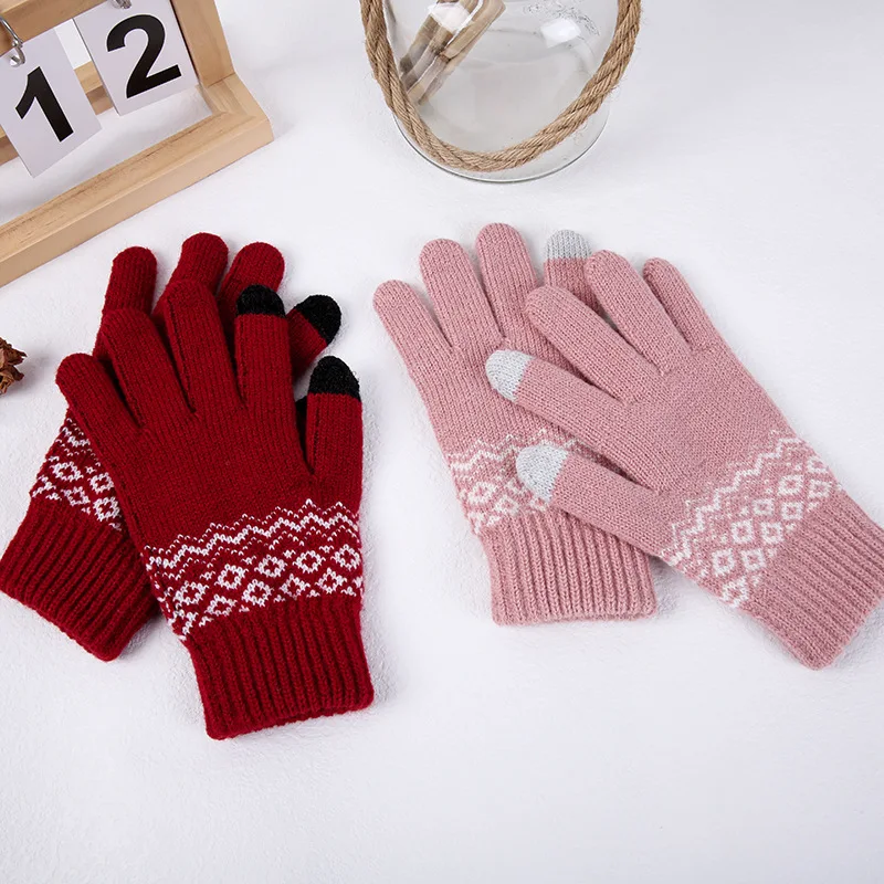 

Women Winter Warm Wool Knitted Glove Touch Screen Keep Warm Stretch Mittens Imitation Wool Full Finger Guantes Crochet Thicken