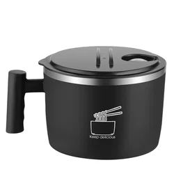 Portable Stainless Steel Noodle Bowl with Lid - Sealed Drain Design (Black)