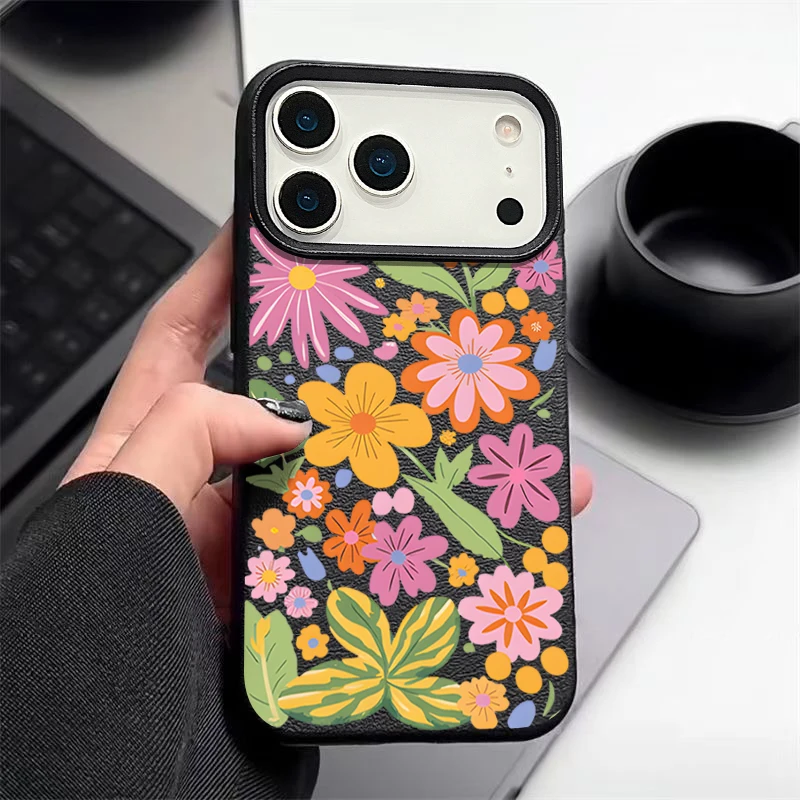 Vibrant Cartoon Flowers Shockproof Leather Texture Silicone Phone Case
