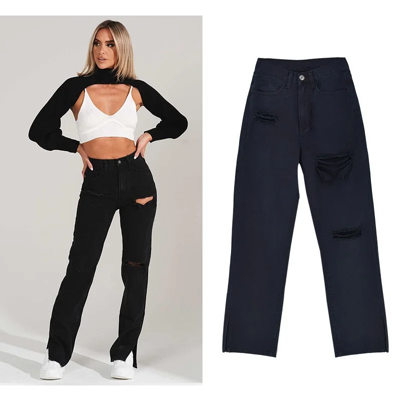 Straight Jeans Mop Pants with Holes In The Hem and A Slight Bell-bottoms Ripped Jeans for Women