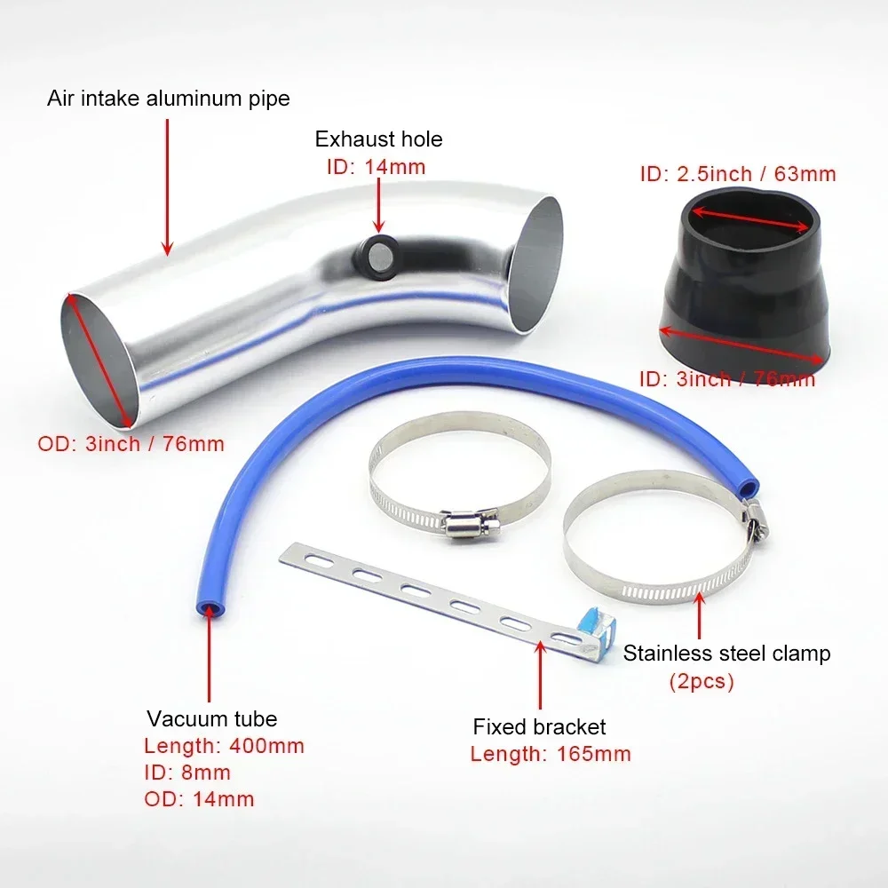 76mm Car Racing Cold Air Intake System Turbo Induction Pipe Tube Kit Aluminum Cone Air Filter Inlet