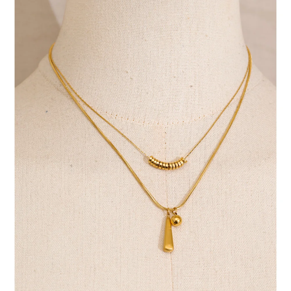 Yhpup Stainless Steel Double Layer Beads Water Drop Pendant Necklace