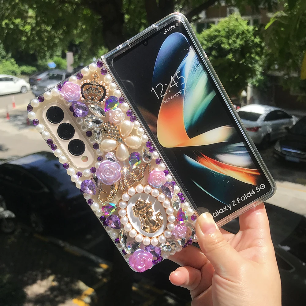 

Luxury Pearl Goddess Portrait Phone Case For Samsung Galaxy Z Fold 5 4 3 2 Bling Rhinestone Crown Flowers Diamond Clear PC Cover