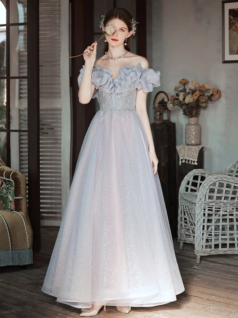 Elegant Gray Blue Celebrity Dresses Off Shoulder Beading Sequined Applique  A Line Long Lace Up Wedding Party Prom Evening Gowns - AliExpress 320