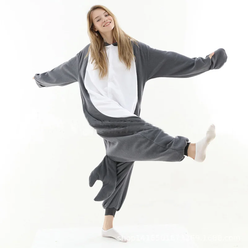 New Lovers Long-sleeved Cartoon One-piece Pajamas Gray Shark Polar fleece Festival Cosplay Costume Hooded Loungewear