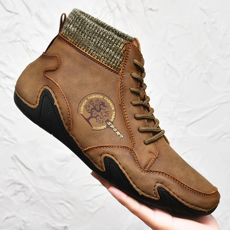 Leather Men Boots Men Casual Shoes Sneakers High Top Western Ankle Boots Waterproof Winter with Fur Super Warm Snow