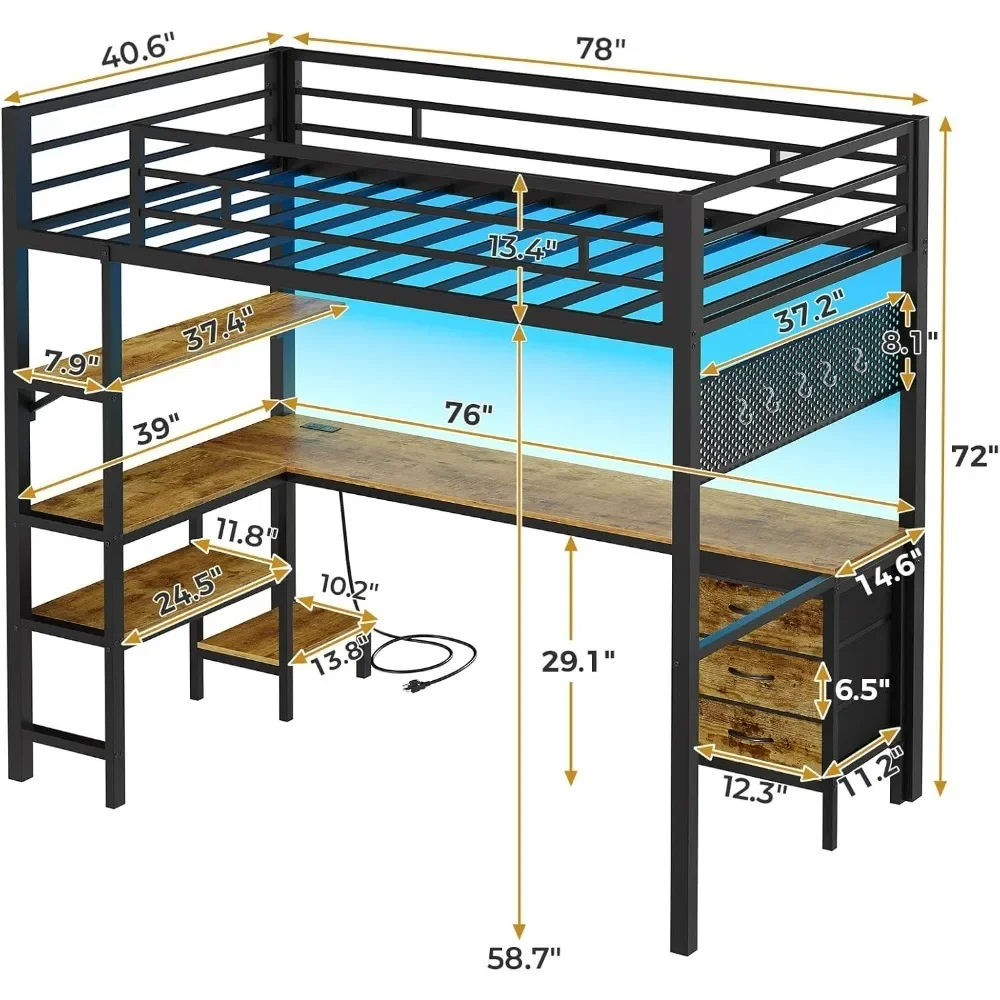 Loft Bed Twin Size with L-Shaped Desk, LED Lights,Charging Station,Twin Metal Loft Bed with Desk, Fabric Drawers & Shelves 5