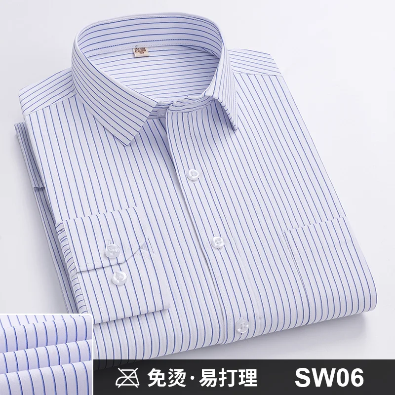Men Formal Shirt Long Sleeve Office Solid Color Striped Anti-Wrinkle Non-ironing Fashion Business Pocket White Social Shirt 4XL