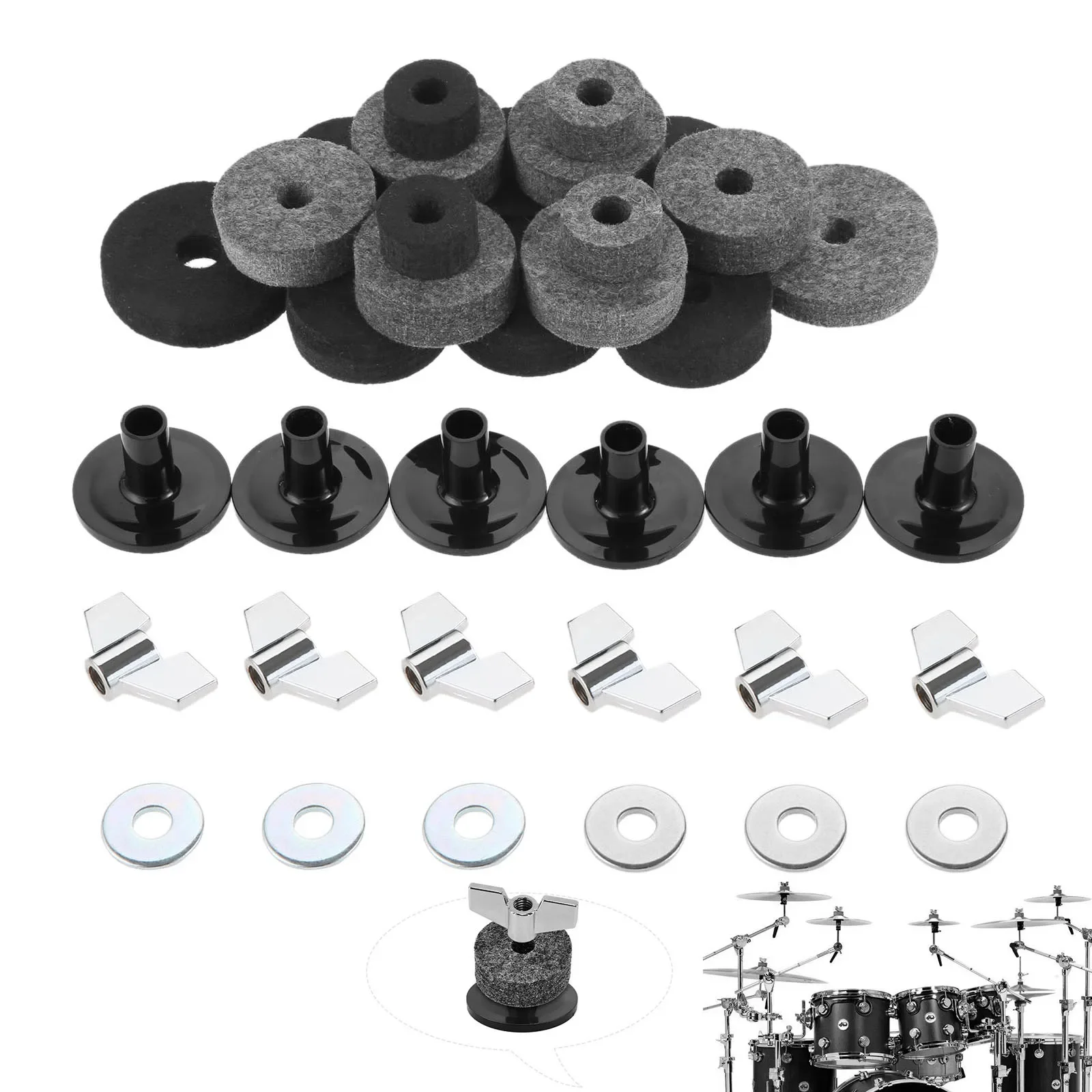 Cymbal Felts Hi-Hat Clutch Felt Hi Hat Cup Felt Cymbal Stand Sleeves with Base Wing Nuts and Washer for Drum 18 Pcs/set