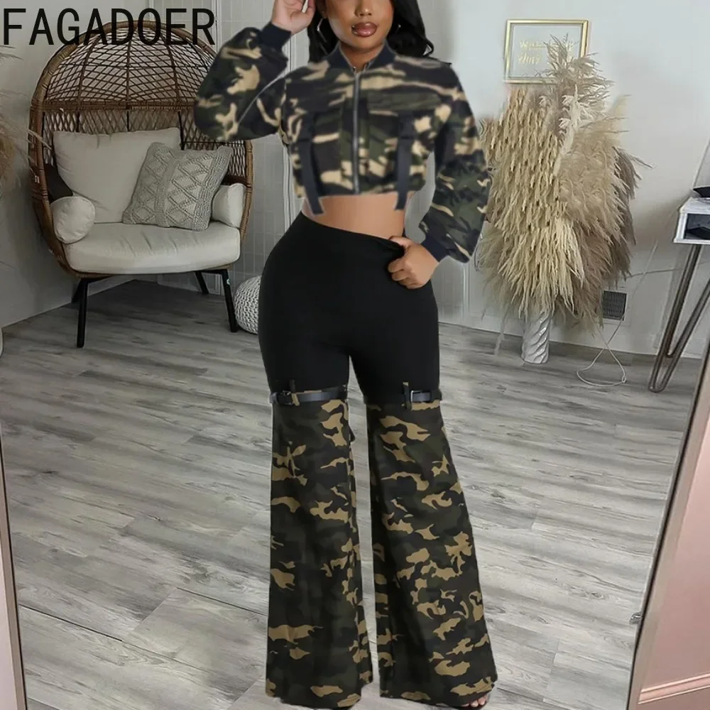 

FAGADOER Fashion Camouflage Printing Denim Flared Pants Two Piece Sets Women Zipper Long Sleeve Coat + Pants Cowboy Outfits 2023