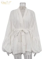 Clacive Fashion Loose White Cotton Sets For Women 2 Pieces 2025 Elegant Puff Sleeve Robes With High Waist Shorts Set Female - Image 5