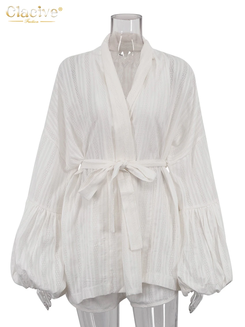 Clacive Fashion Loose White Cotton Sets For Women 2 Pieces 2025 Elegant Puff Sleeve Robes With High Waist Shorts Set Female 5