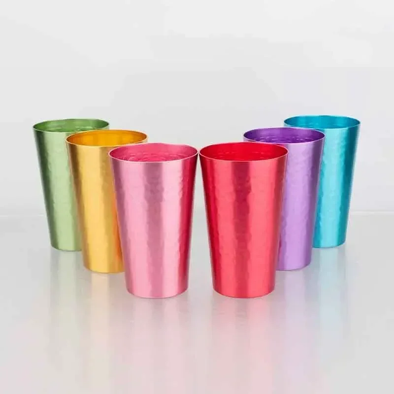 6PCS Colorful Hammered Aluminum Cups with Gift Box–Reusable Metal Tumblers for Cold Drinks, Juice, Wine–Cheers To Life Design L