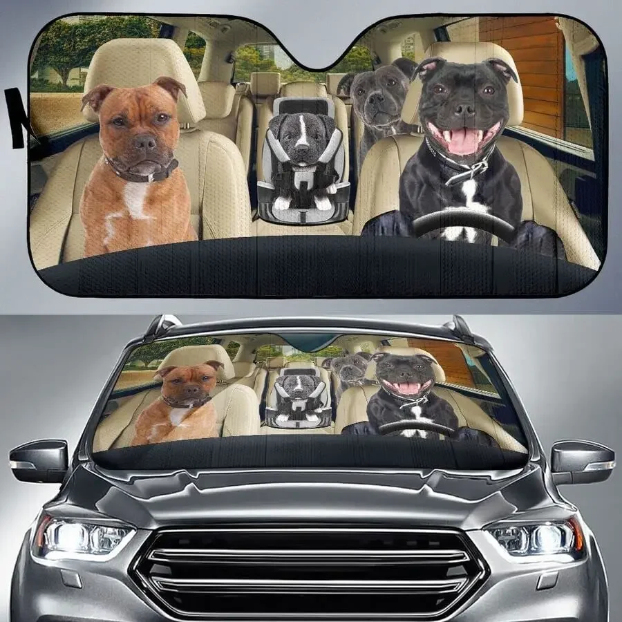 3D Stafter Bull Terrier Famiglia Guida Papà Mamma E Bambino Amante Del Cane Parasole Per Auto, Copertura Solare Per Finestrino Dell'Auto Bull Terrier,