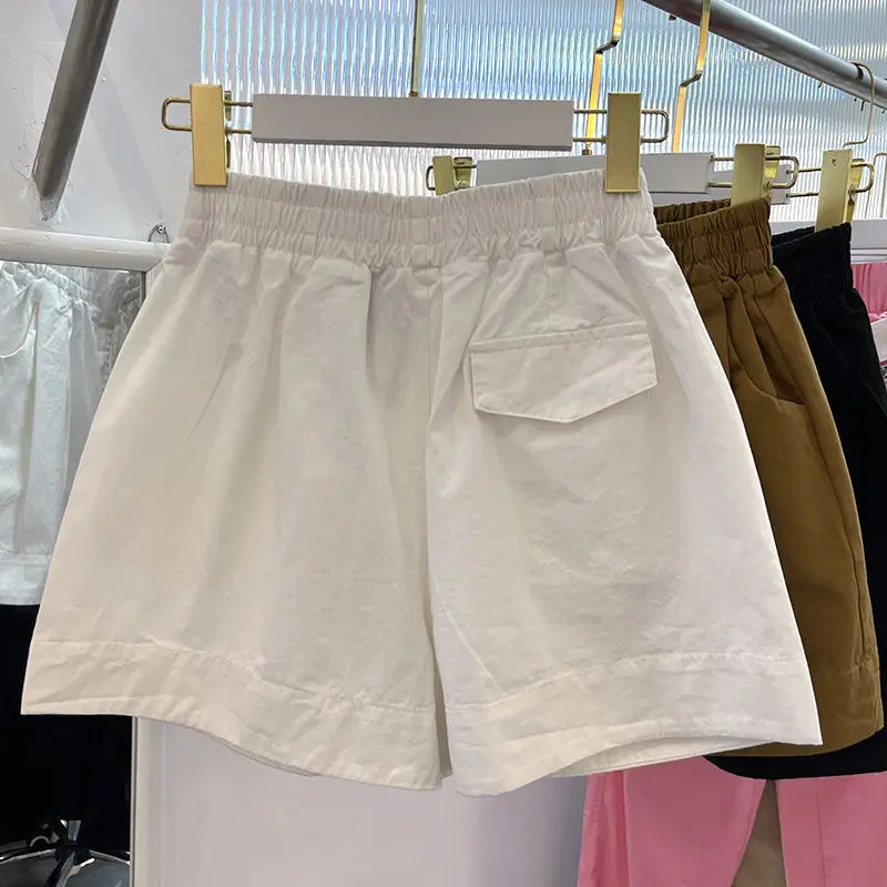 2024 New Summer Streetwear Minimalist Casual Fashion Wide Leg Solid Color Loose High Waisted Elastic Pockets Folds Women's Short