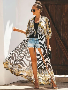 Bikini Cover Up Chiffon Beach Kimono Women Leopard Printed Long Cape for Swimsuit Tunic Summer Beach Wear Factory Supply 1