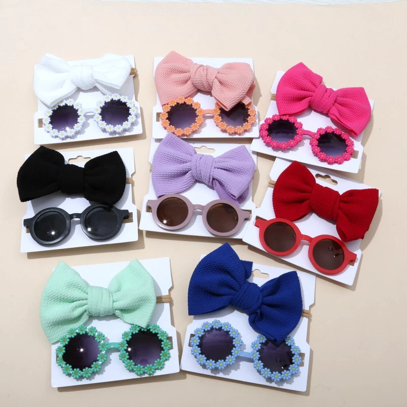 

2Pcs Baby Big Bow Headband Sunglasses Set Girls Unglasses Elastic Nylon Headwear Bohemia Sun Beach Seaside Kids Hair Accessories