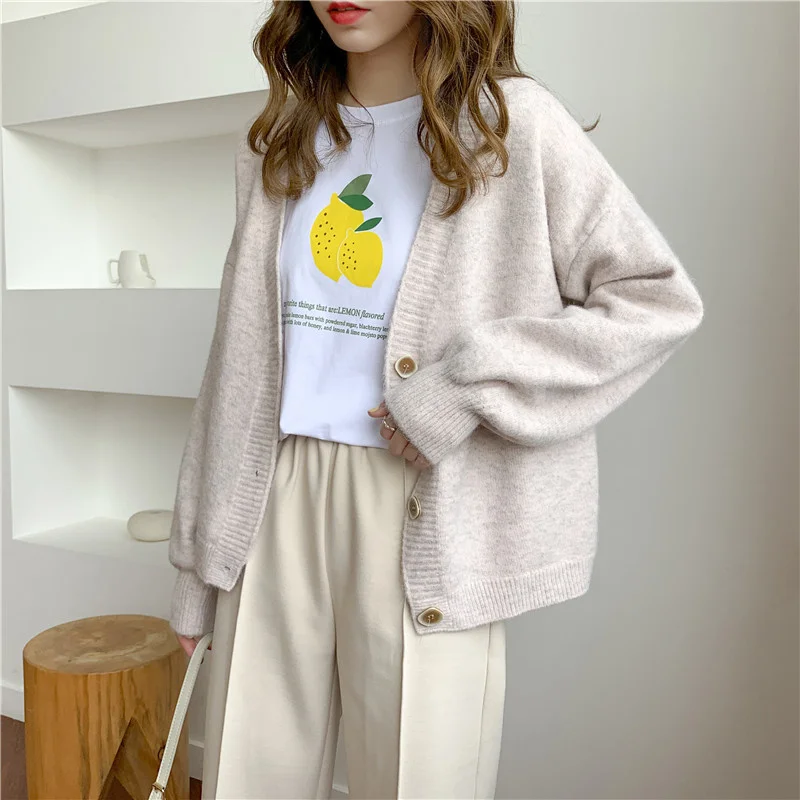 

Spring Women Cardigans Sweater V Neck Solid Loose Knitwear Chic Korean Casual Girls Single Breasted Knit Cardigan Outwear