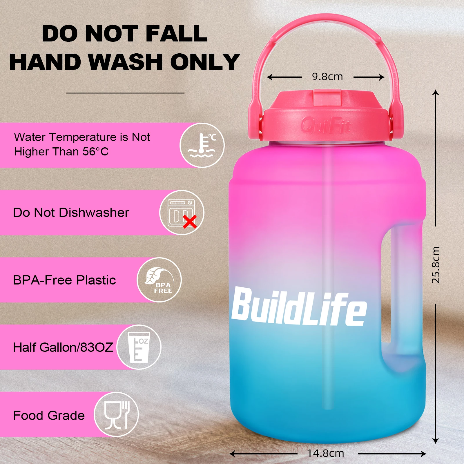 QuiFit 2.5L 3.78L Wide Mouth Gallon Motivational Water Bottle With Straw BPA Free Sport Fitness Tourism GYM Travel Times Jug
