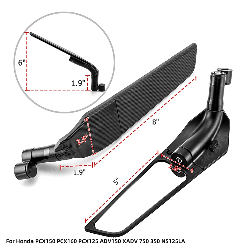 오토바이 윈드 윙 사이드 백미러, 조절식 회전 모터비, 혼다 PCX150 PCX160 PCX125 ADV150 XADV 750 350 NS125LA