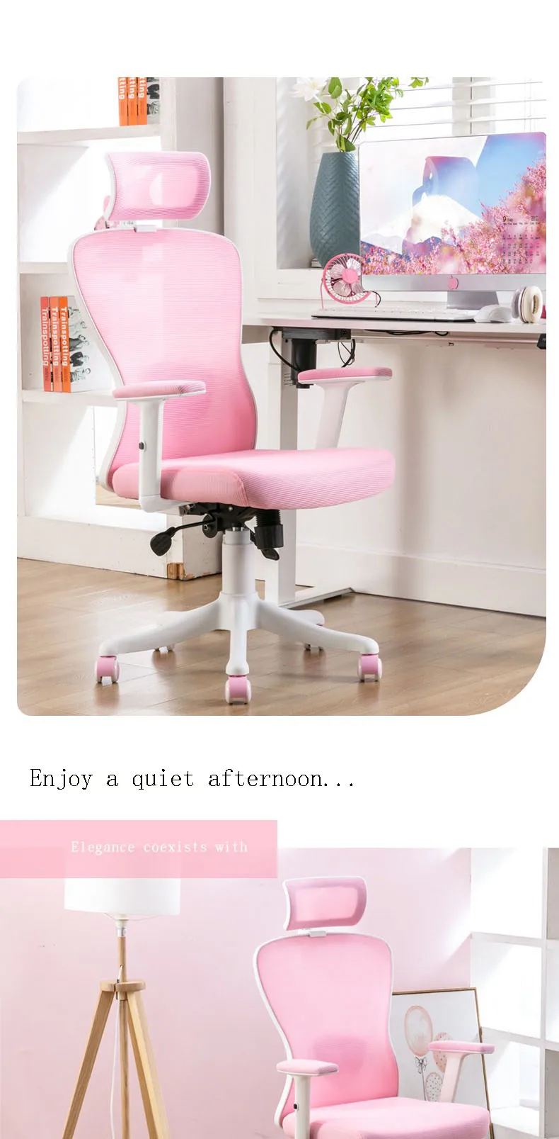 Description Picture 4 of itemPink Nylon Foot Ergonomic Minimalist Gaming Chair Student Bedroom Sofa Swivel Mesh Breathable Boss Office Lift Armchair Cadeira