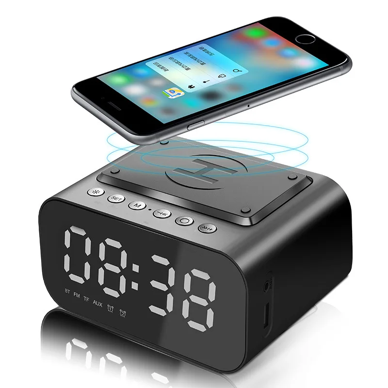 Bluetooth Speaker Clocks Upgraded HD Mirror LED Digital Alarm Clock FM Radio with USB Charger Wireless QI Charging Desktop |