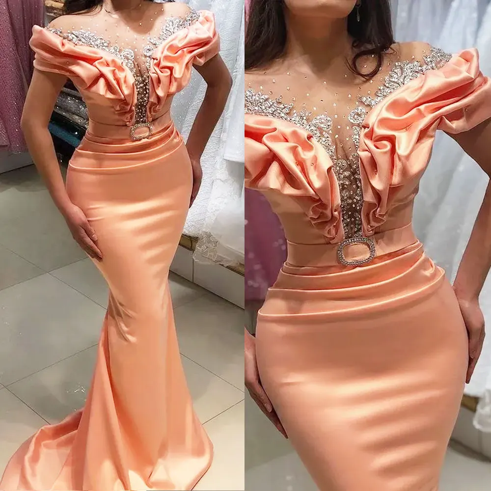 

Arabic Sheer Neck Evening Dresses Women Beaded Crystals Satin Mermaid Prom Gowns Formal Party Second Reception Gowns for Brides