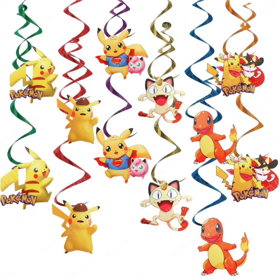 6/12/18/24Pcs Pokemon Hanging Swirls Decorations Pikachu Ceiling Swirl Foil Decor Kids Baby Shower Birthday Party Supplies