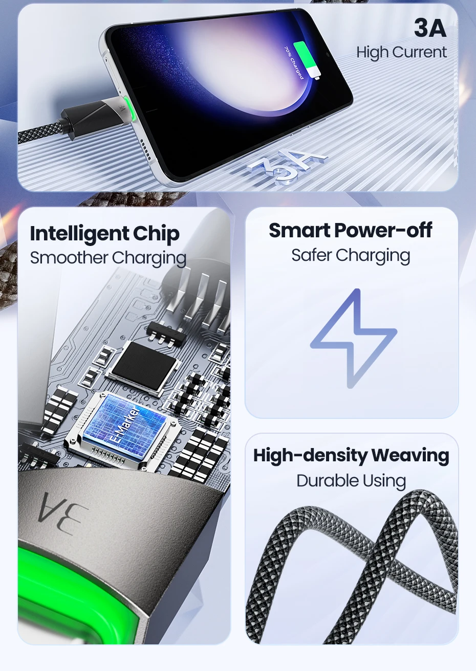 Toocki 60W USB Type C Cable 3A Fast Charging Charger Smart Power-off USB A to USB C For Xiaomi Samsung Huawei LG Data Wire 1M 2M