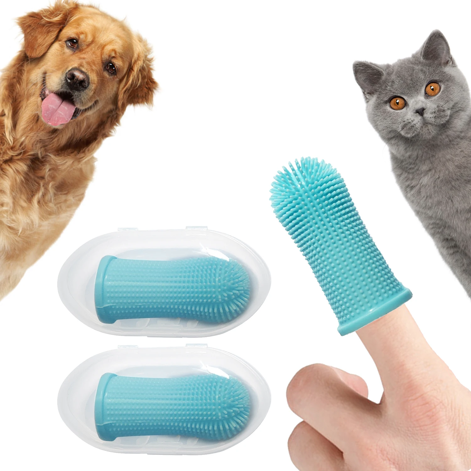 Dog Toothbrush 2Pcs Nontoxic Silicone Finger Toothbrush Storage Case Cat Puppy Teeth Cleaning