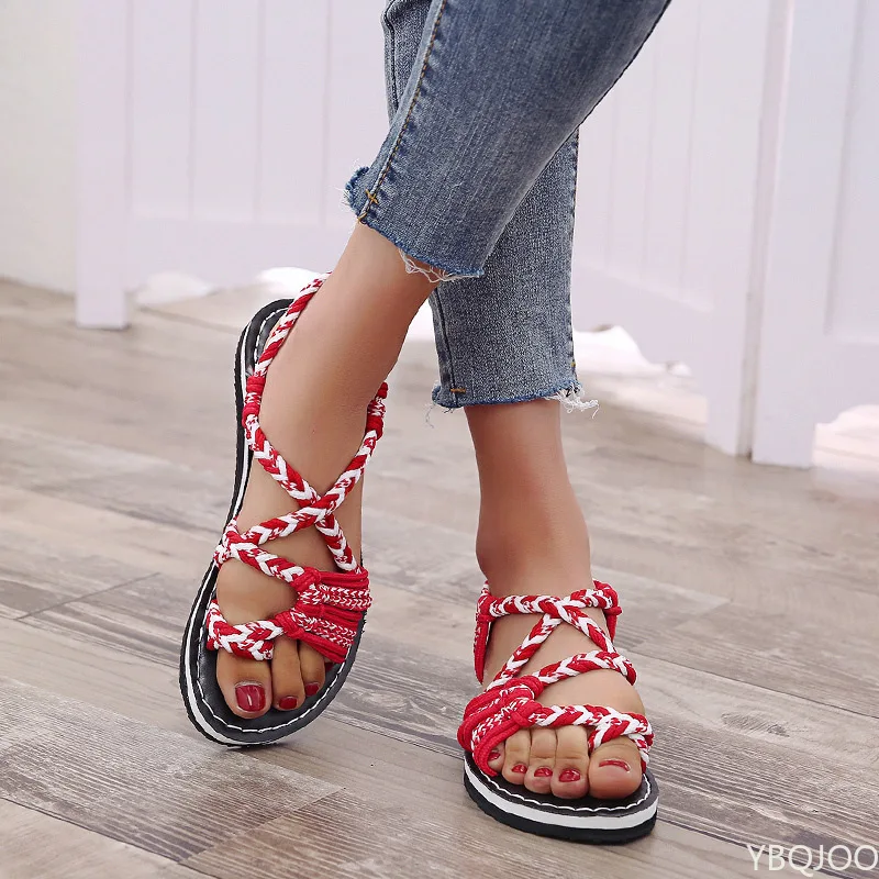Women Sandals Summer Closed Toe Flat Romen Sandals Women Mixed Colors Rope Knot Sandals Women  Casual Beach Sandals Plus Size