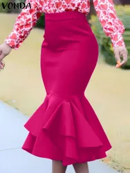 Bohemian Party Fishtail Skirt 2023 VONDA Women Ruffled Midi Skirts Summer High Waist Casual Solid Color Loose Stylish Bottoms