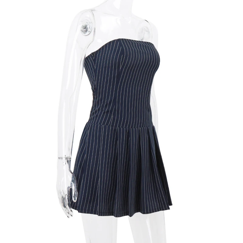 Strapless Mini Dress y2k Aesthetic Clothes Women Striped Pleated A Line Dress 2000s Cocktail Party Dresses Streetwear