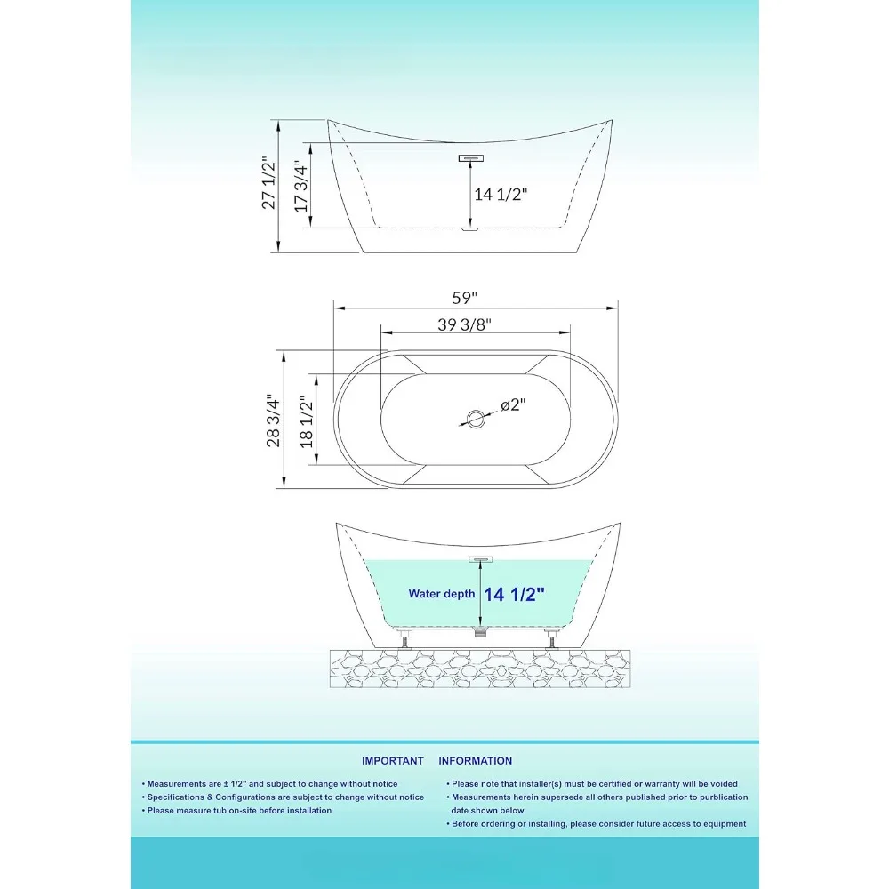59" Freestanding Bathtub with Bathtub Spa Pillow，Acrylic and Reinforced with Fiberglass，1- 2 Persons Bathing，luxury Bathtub 6