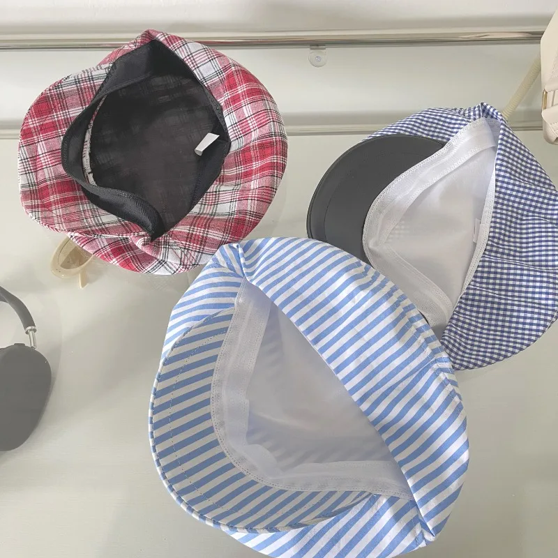 Korean Blue and White Striped Cotton Linen Thin Pu Short-brimmed Newsboy Hat Spring and Summer Female Versatile Painter Cap