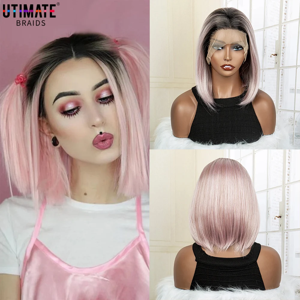 

Light Pink Ombre Synthetic Wigs Dark root Short Straight Bob Wigs for Women Middle Part Lolita Cosplay Natural Hair Wigs