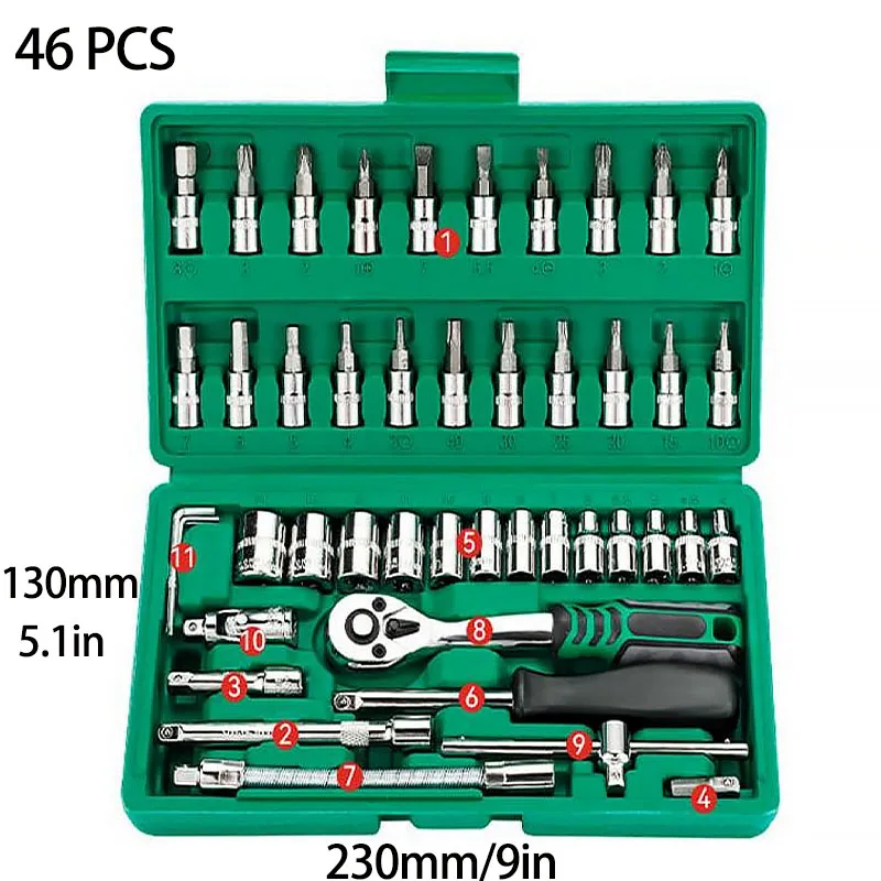 46/53 Stück Antriebssteckschlüssel-Ratschenschlüssel-Set, umkehrbare Ratsche mit S2- und CR-V-Steckdosen, Haushalts- und Kfz-Reparatur-Ki – Detail 7