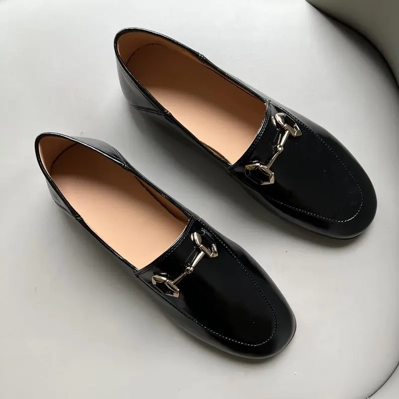 Big Size 34-44 New Genuine Leather Loafers Women Flats Slip On Metal Buckle Women's Flats Fashion Brand Flat Shoes Lady Footwear