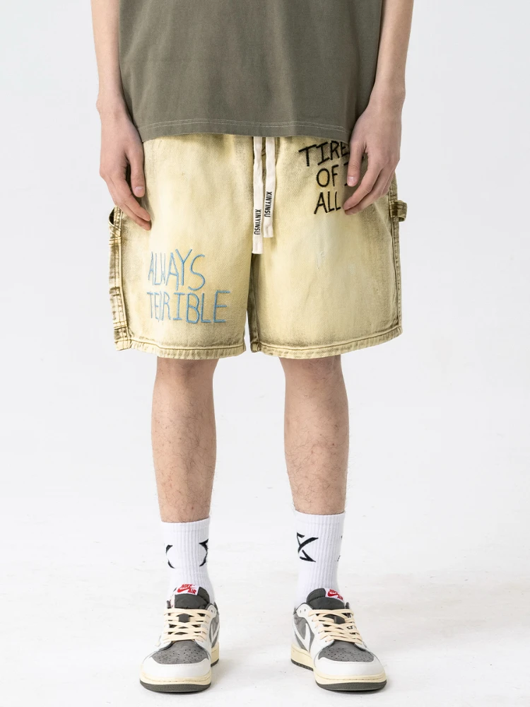 Five-Point Shorts Embroidered Distressed Loose Denim Cotton Men's and Women's Same Casual Fashion Loose Straight Summer Trendy