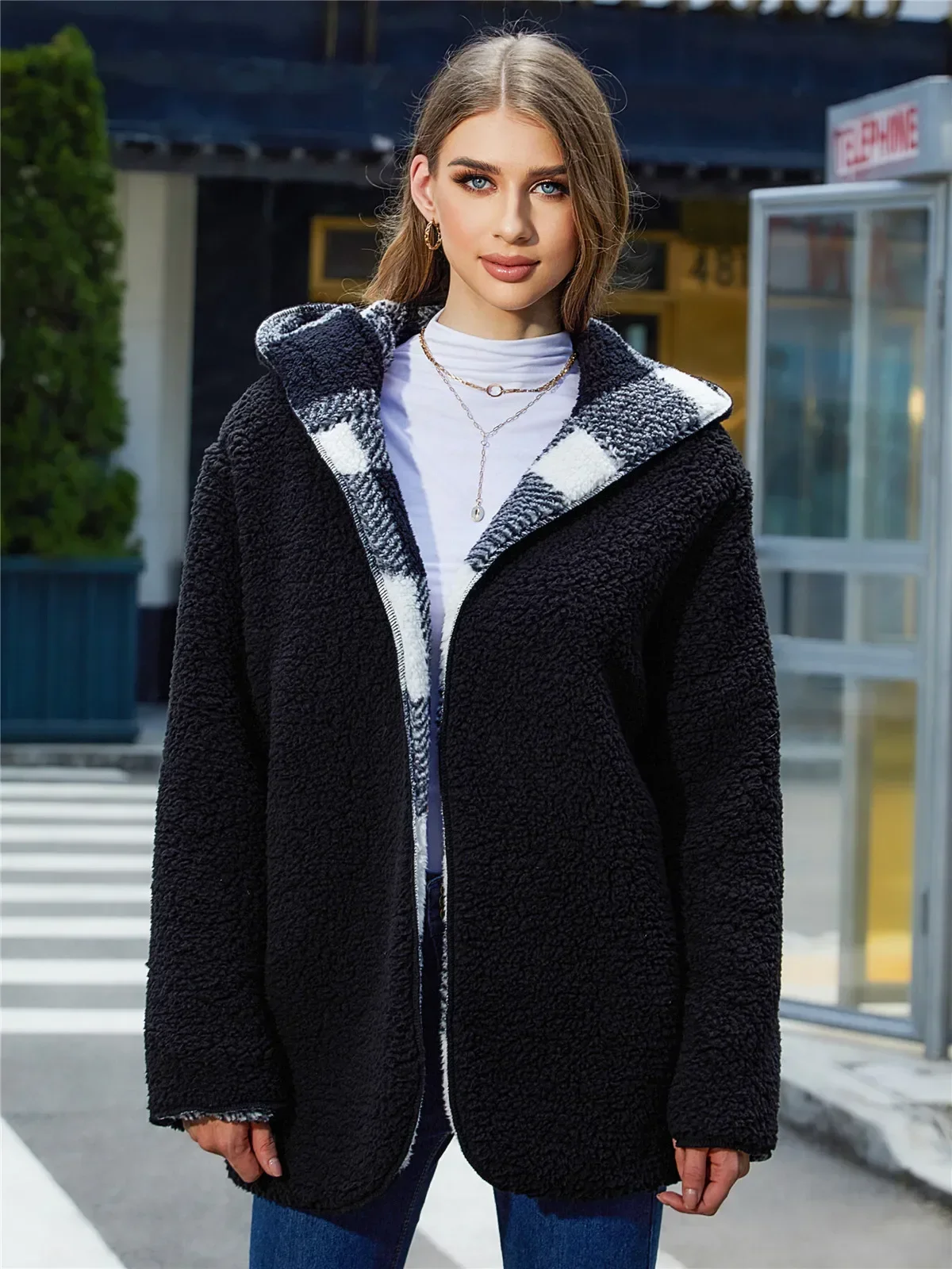 Women's Casual Hooded Coats for Woman Clothing Bubble Velvet Black White Plaids Hoodies Jacket Winter Thick Warm Women Clothes