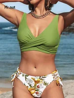 Mr. Nut Women Cross Pleated Backless Lace Up Bikini Set 2025 New Beach Two piece Swimsuit Retro Printed Bikini