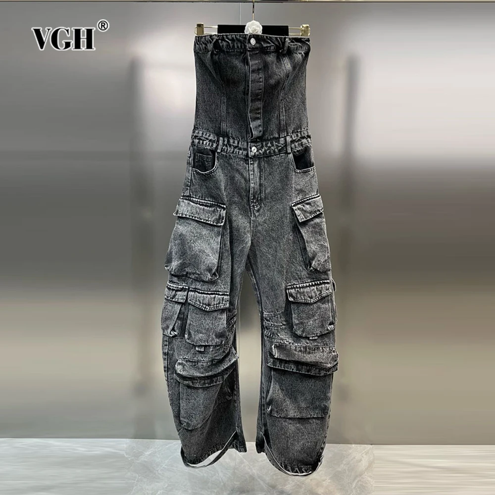 

VGH Solid Spliced Pockets Denim Jumpsuit For Women Strapless Sleeveless Backless High Waist Patchwork Button Jumpsuits Female