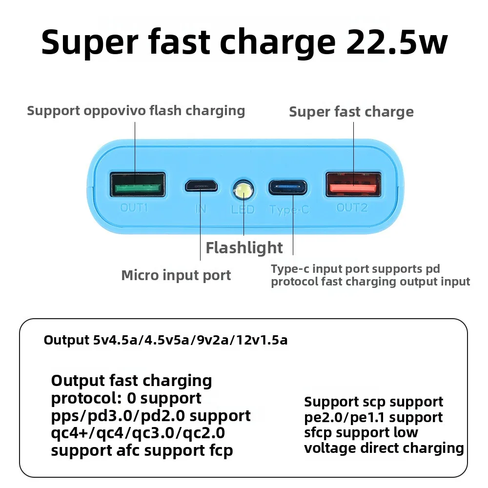 DIY 6*18650 파워뱅크 배터리 박스 홀더 듀얼 USB 타입 C 마이크로 22.5W 고속 충전 케이스 LED 라이트 포함 18650 배터리 케이스