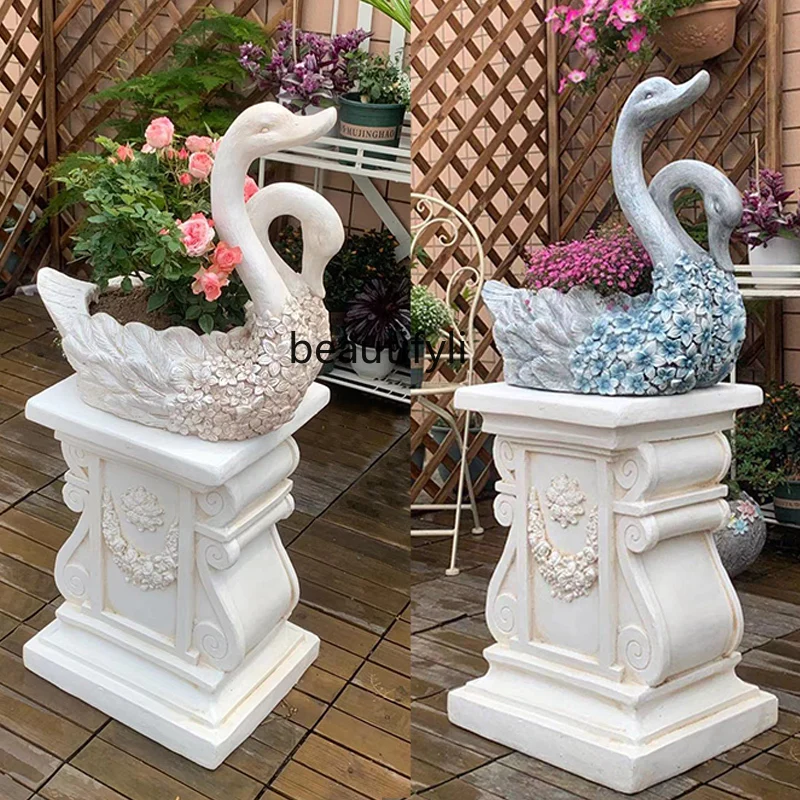 

HJ Large Swan Flower Pot Green Plant Base Villa Doorway Hallway Floor-Standing Decorations