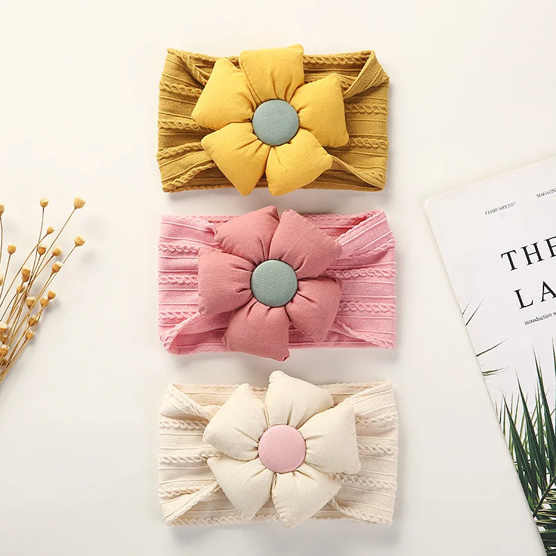 Flower Baby Headband for Girls Cable Knit Nylon Hairbands Elastic Turban Headwrap Cute Hair Accessories Children Photo Props 1piece cute solid girls headband nylon corduroy bows headbands hairbands children baby hair bands newborn baby hair accessories